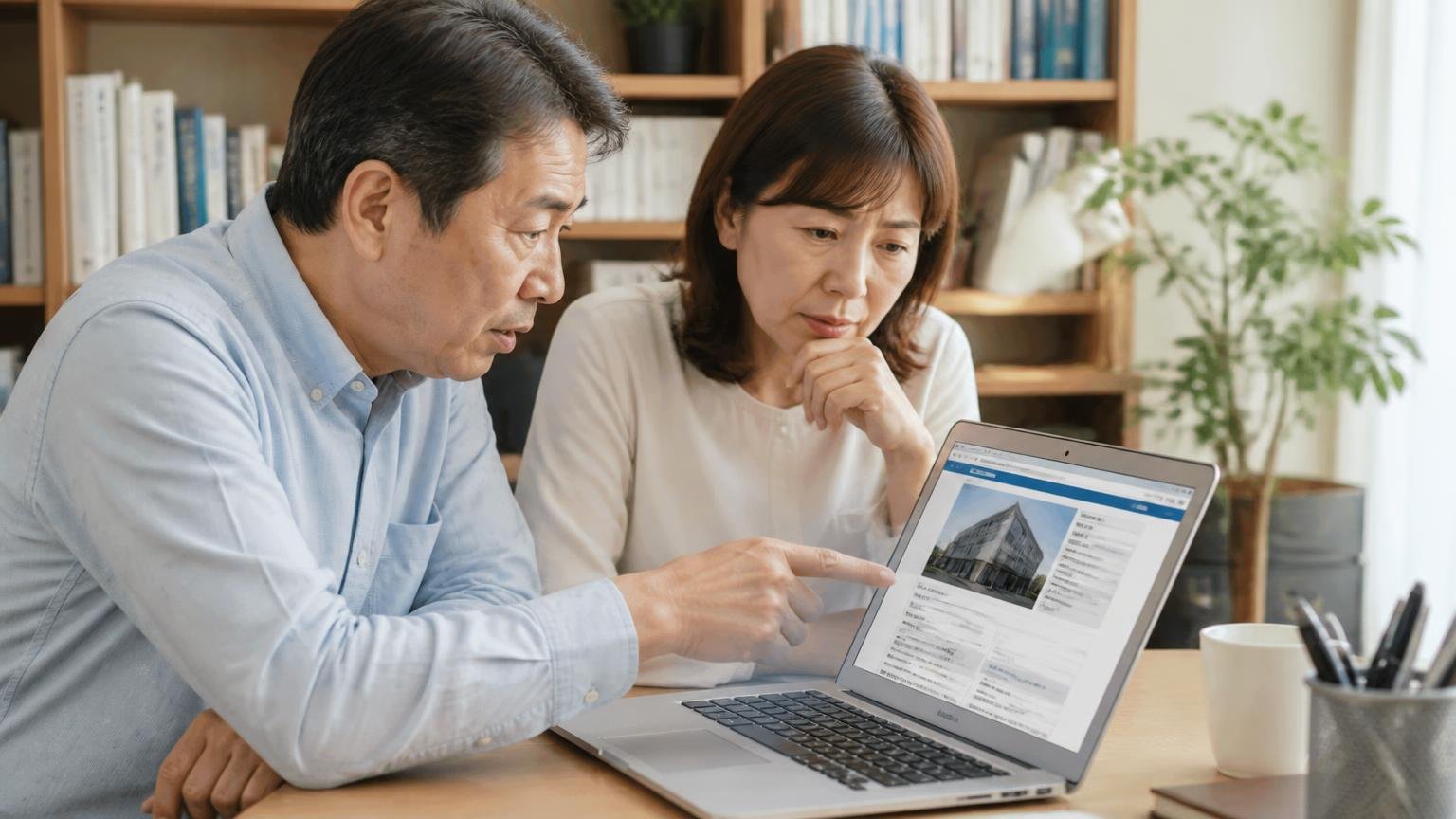 会社の実在性と防除業登録を確認|自宅の書斎でパソコンの会社概要ページを指さす夫婦