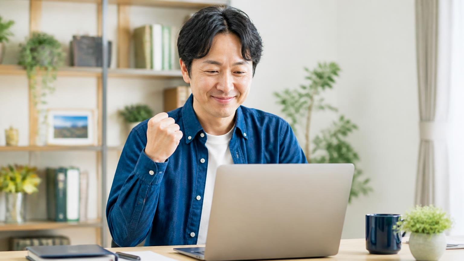 法人番号や所在地は公開されている。自宅のデスクで男性1人がパソコンで会社概要を確認し安心した表情