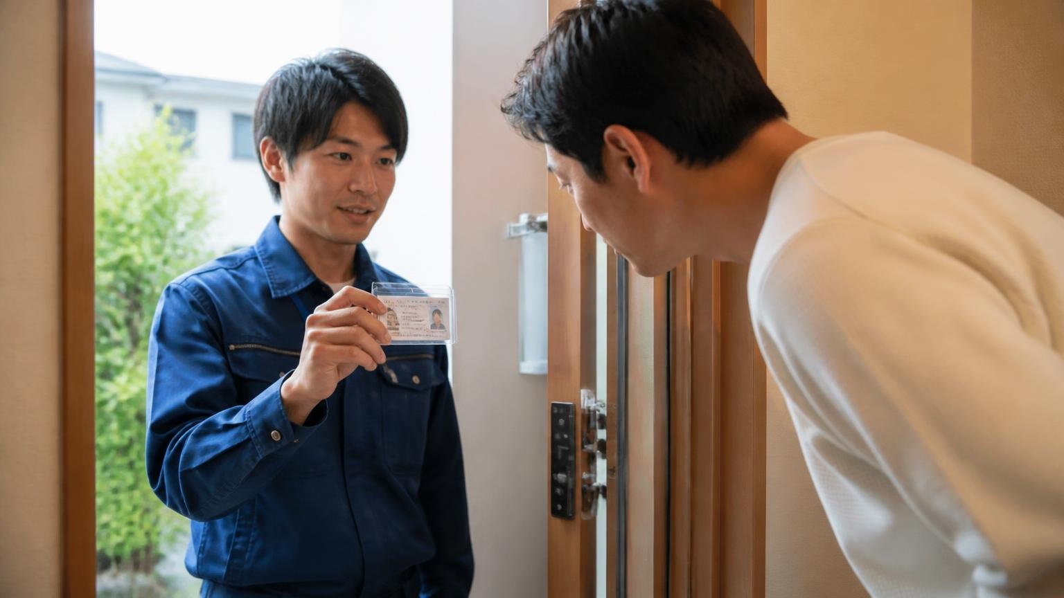 資格と登録番号の確認。玄関で作業員1人が住人1人に登録証を提示し、住人が身を乗り出して確認する