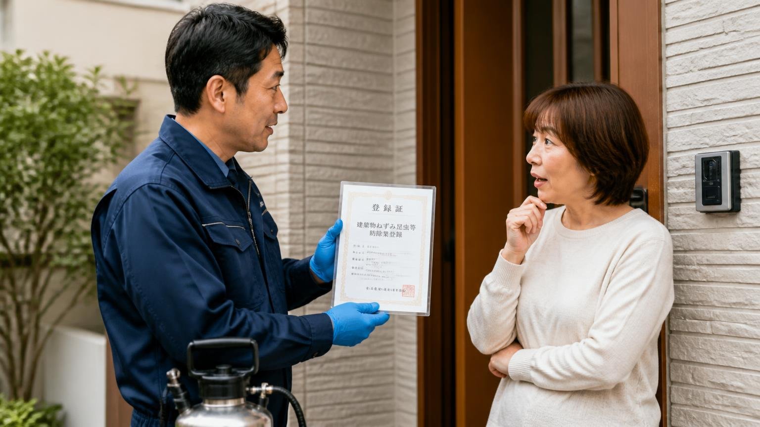 建築物ねずみ昆虫等防除業登録の意味。玄関前で作業員1人が住人1人に登録証を見せて説明する