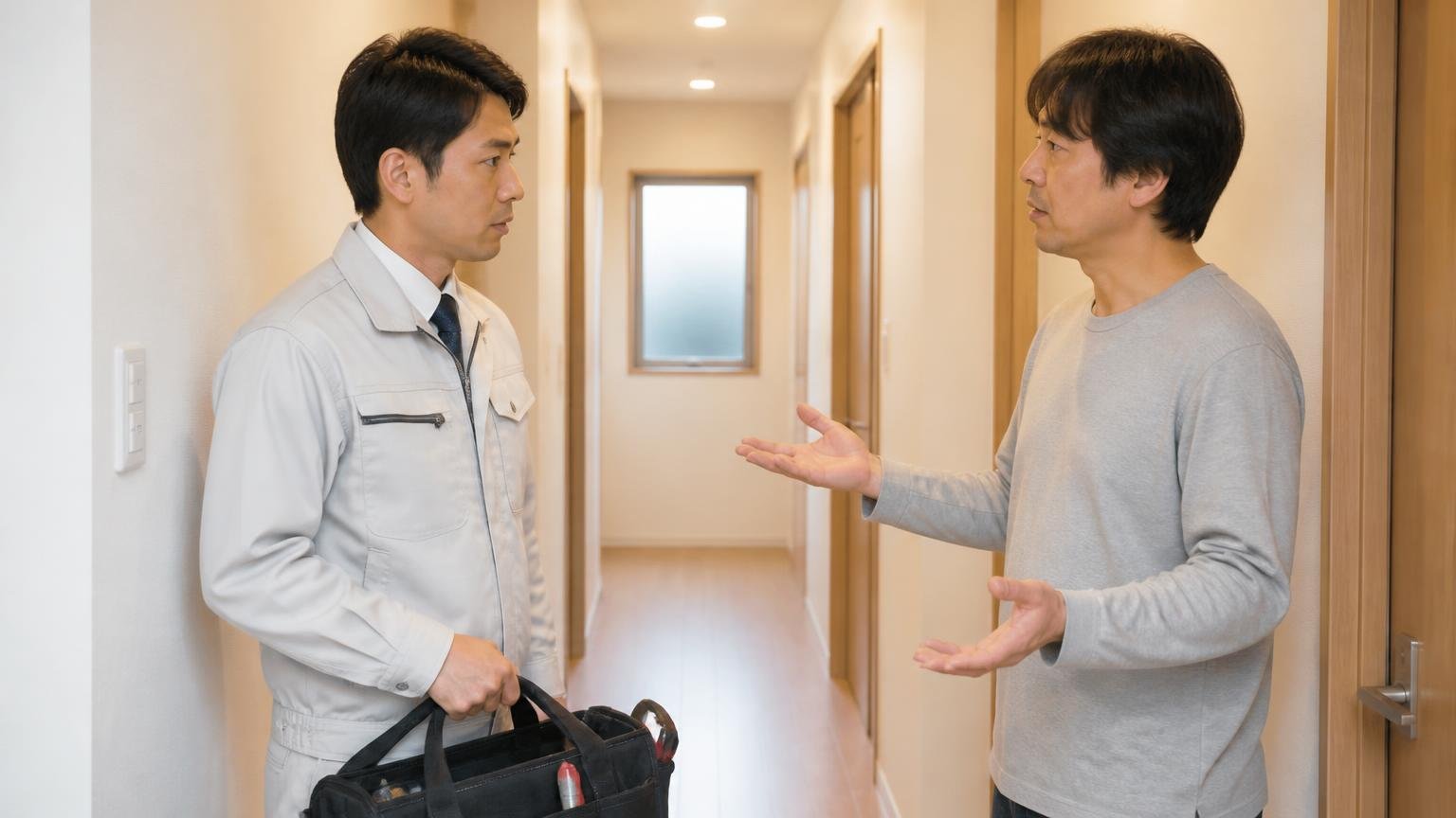 本文つきの低評価は作業前に行程説明があるとよかったの1件だけ 住宅の廊下で作業開始前に立ち止まる場面 作業員と住人の2人 説明を求める仕草