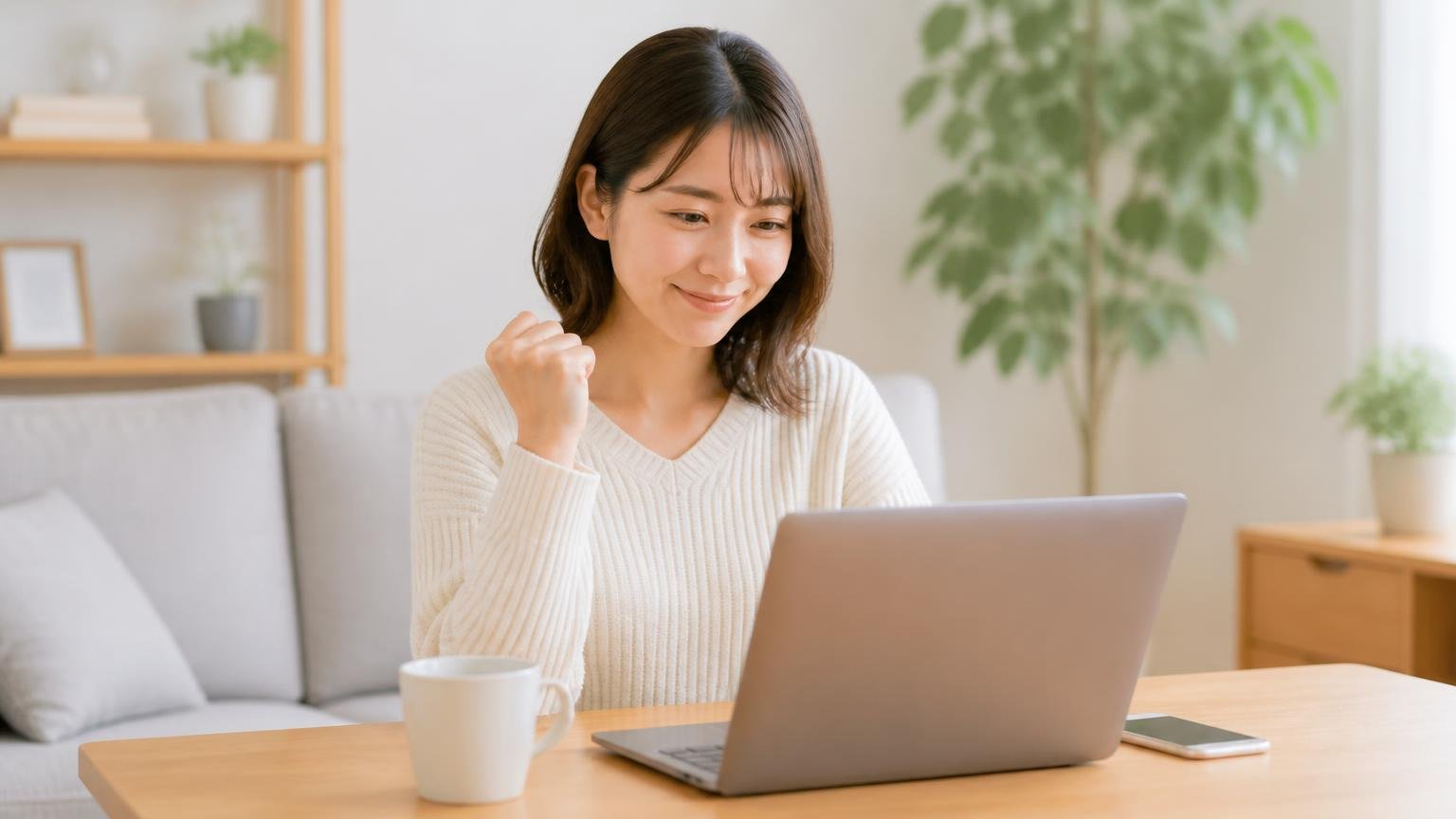 国税庁のサイトで無料で確認する。自宅リビングの机でノートパソコンを開いた女性1人が、画面を見て納得しうなずく