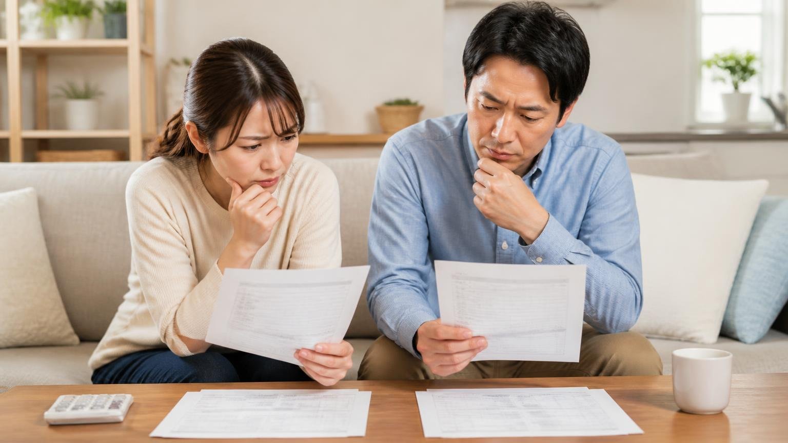 リビングで見積書を見比べて考え込む。テーブルに2社分の見積書を広げる30代女性と40代男性