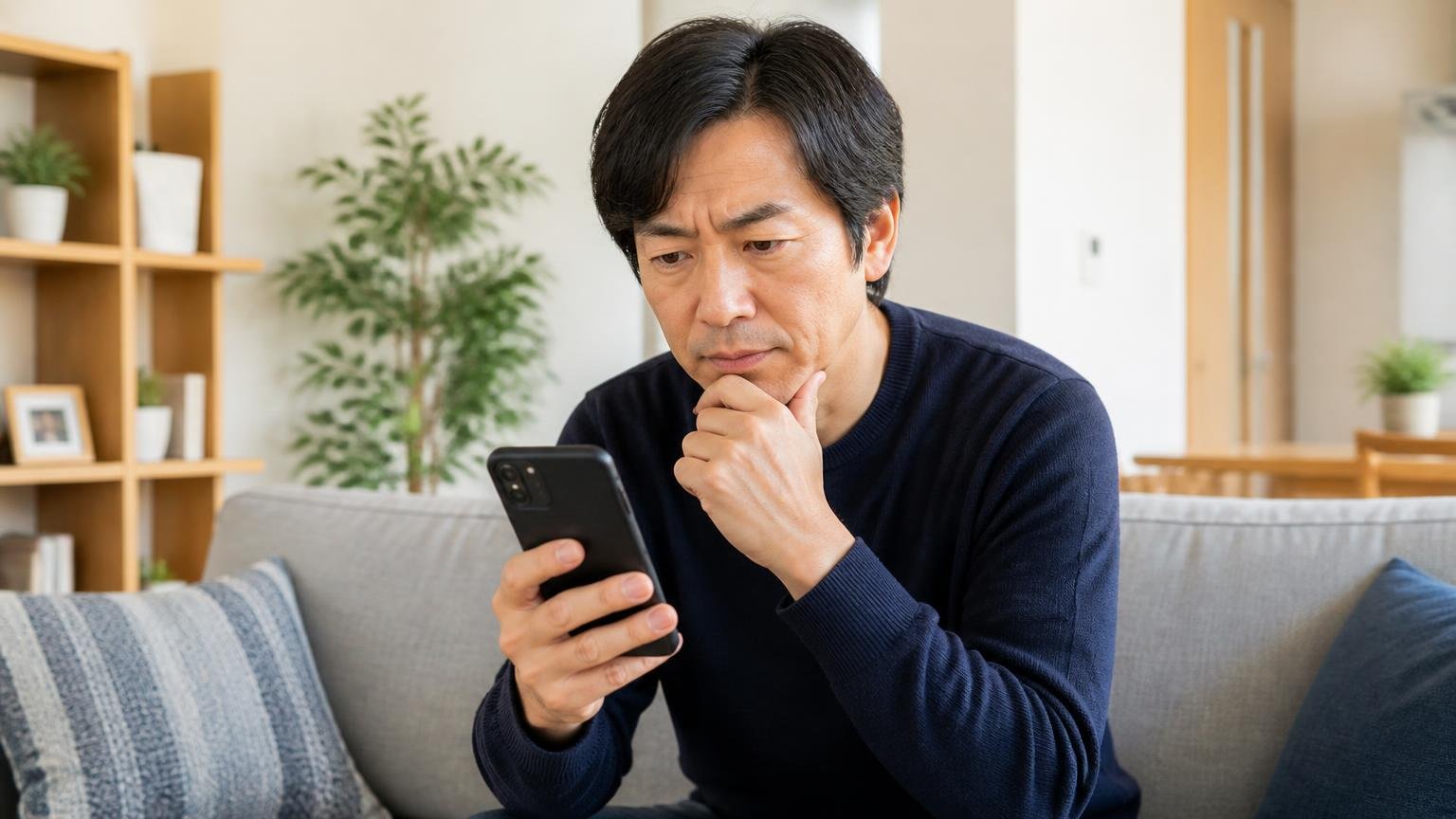 会社の設立年を確認する場面。リビングのソファでスマホを持ち考え込む表情の40代男性1人