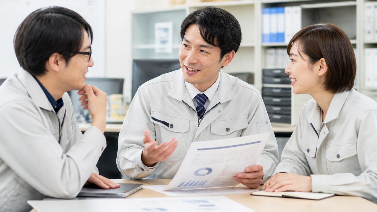 社員の口コミから見える会社の姿|事務所で研修資料を手に話し込む作業着の社員3人