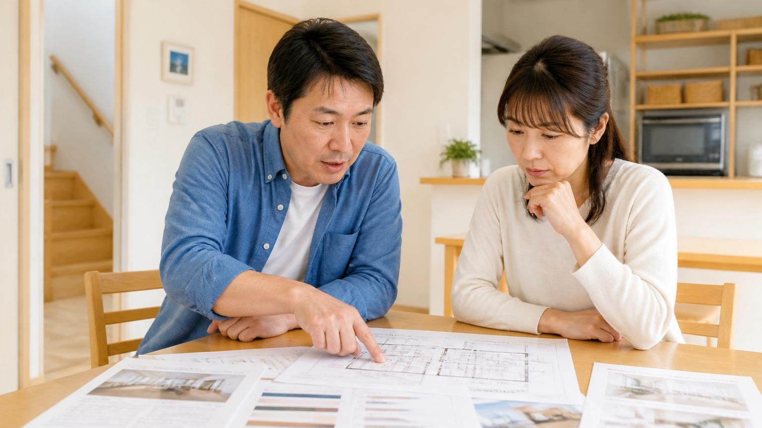 評価軸の違いを整理する場面。木造戸建てのダイニングで書類を広げ指さして説明する40代男性1人と主婦1人