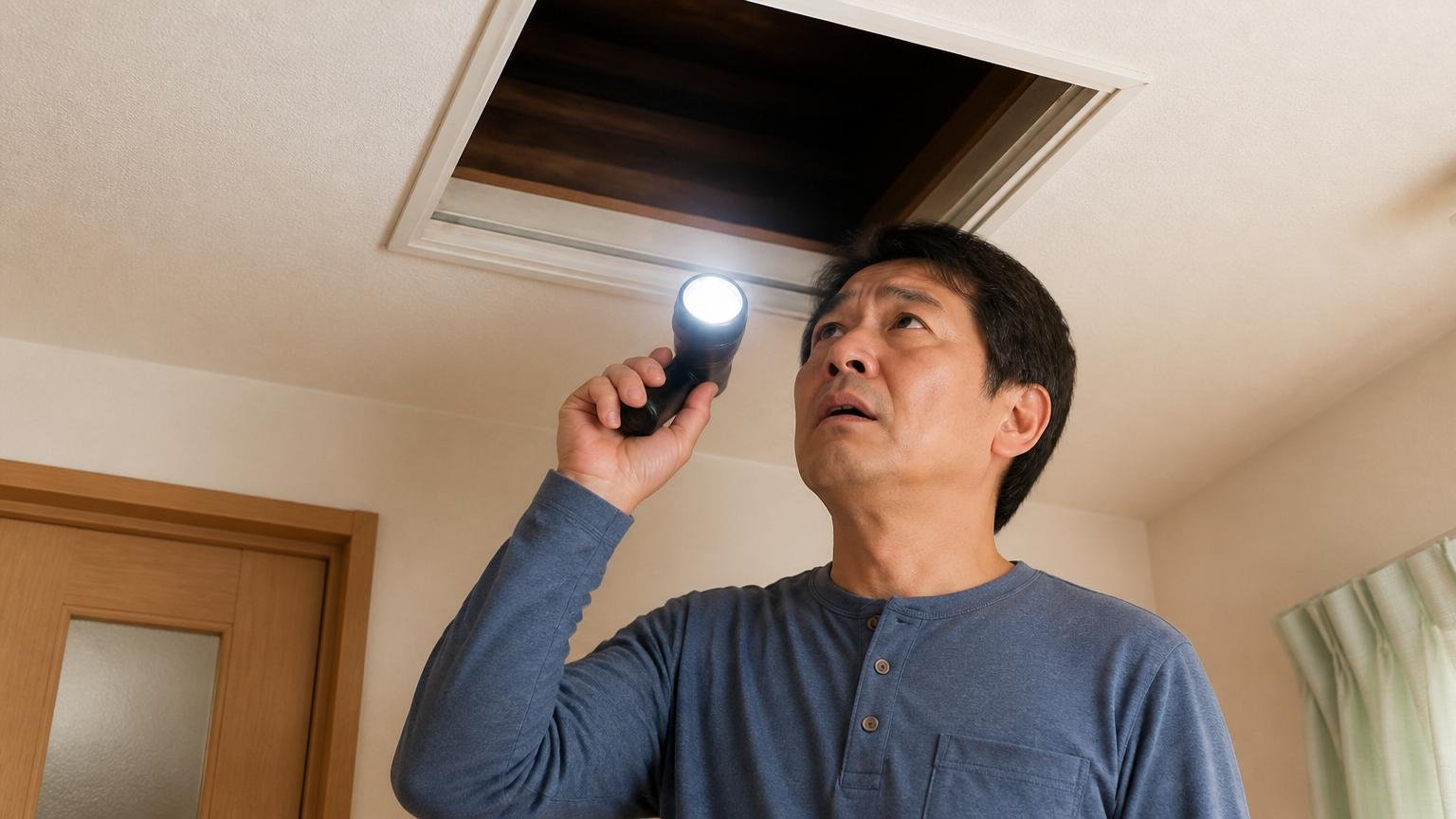 屋根裏を自分で確認できず不安になる場面。住宅の天井点検口を懐中電灯で照らしながら見上げる住人が不安げな表情