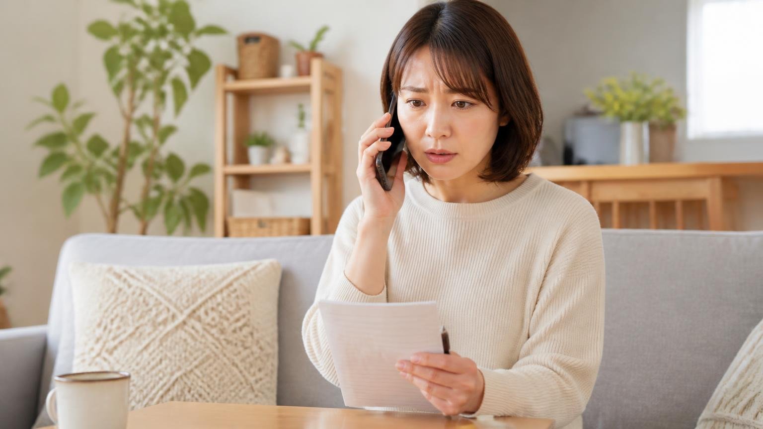 料金と保証を電話で確認する場面、自宅リビングで女性1人がメモを片手に電話をかけ真剣な表情をしている