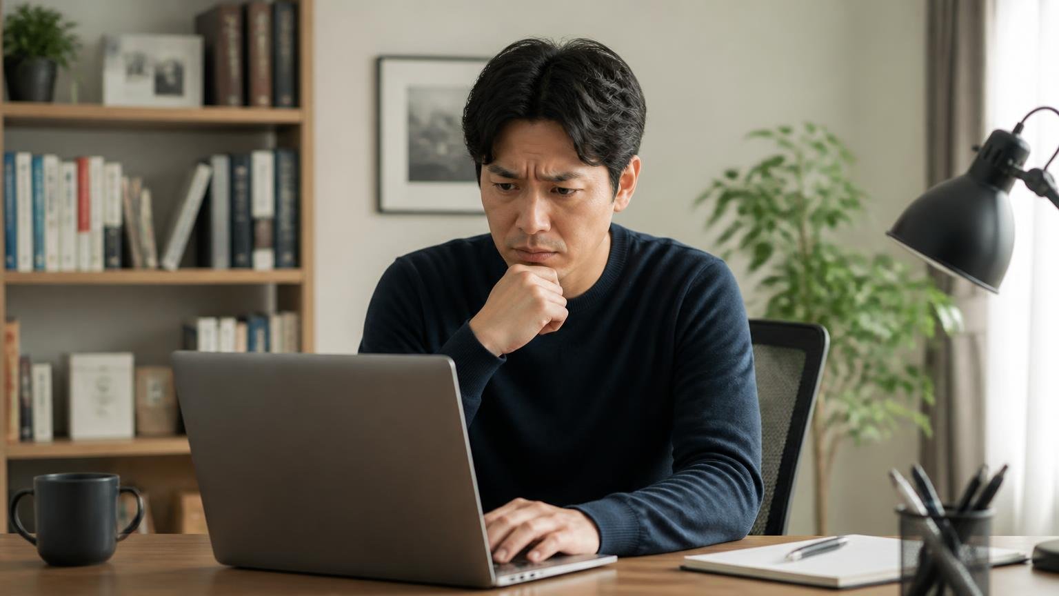 一番低い価格しか書いていないという指摘は事実として正しい 住宅の書斎 住人1人がパソコンで料金表を見て眉をひそめる