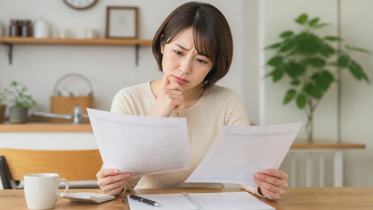 ★3・★4の声も「金額」に集中している ダイニングテーブルで見積書2枚を見比べる女性1人 考え込む表情