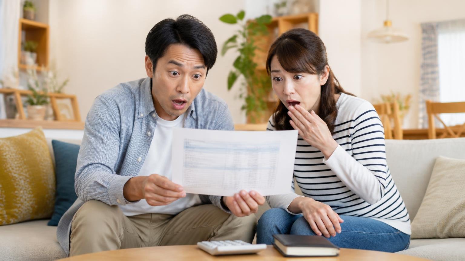 想定より高い見積額 リビングで見積書を見る 夫婦2人 顔を見合わせて驚く