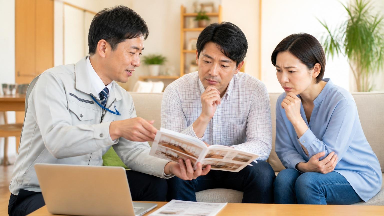 第三者団体への所属を確認する 住宅のリビングで作業員が住民2人に協会加盟の説明をする