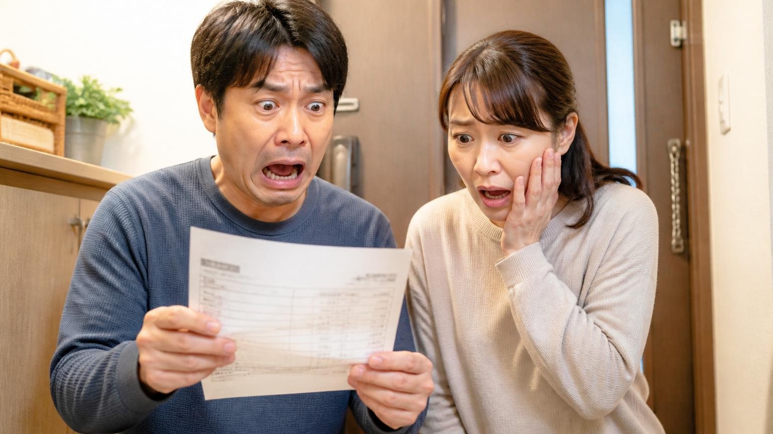 広告の格安表示に飛びついて後悔する場面。自宅の玄関で請求書を手にした住人2人が愕然とした表情