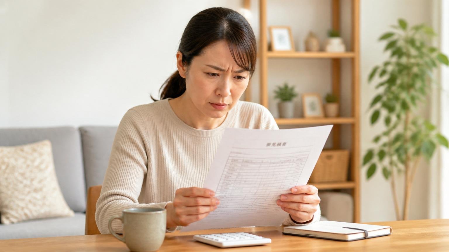 「料金が高いと感じた」は正直に受け止める。リビングのテーブルで見積書を見た女性1人が眉をひそめる表情