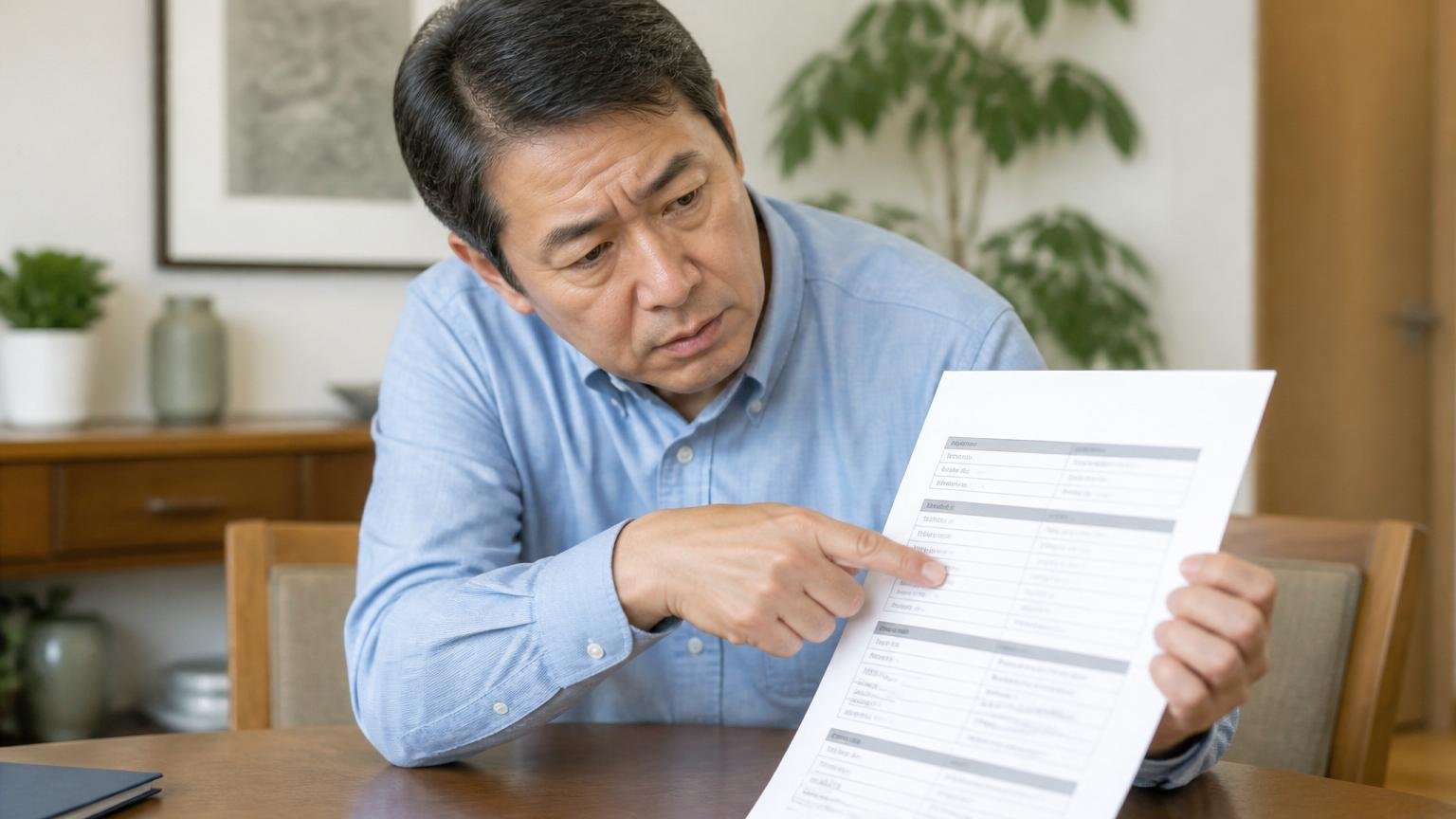 保証年数の表記が分かれる|ダイニングで50代男性が契約書の保証欄を指さし確認する
