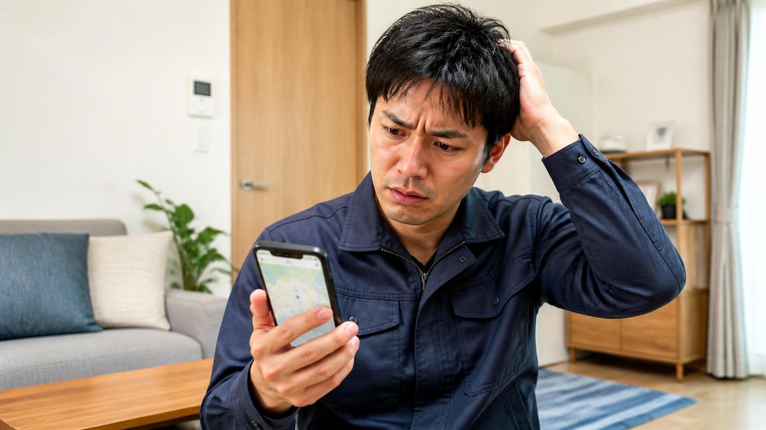 害獣バーサスが向いていない人の条件。マンションの一室で30代男性1人がスマホの地図を見て困った表情