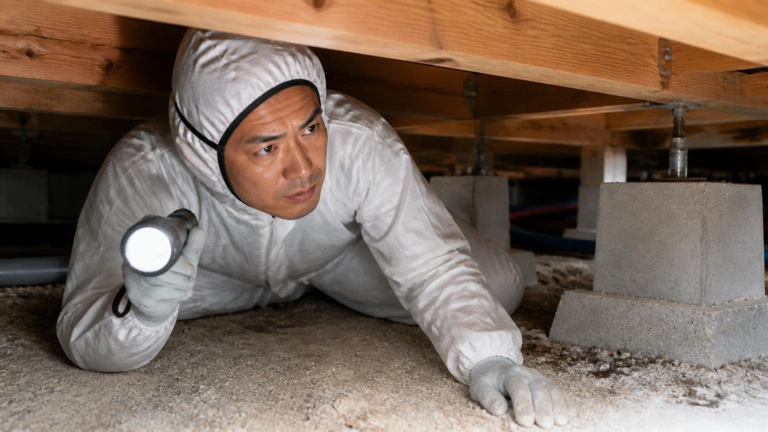 有資格者が住宅の床下を点検する場面。防護服姿の作業員1人が懐中電灯を構え引き締まった表情