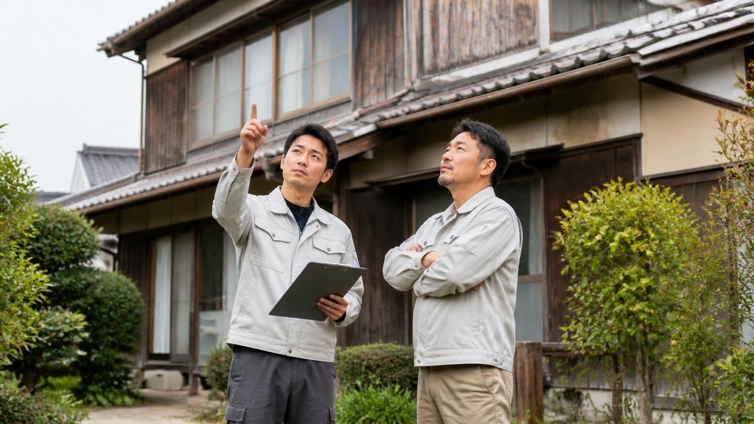 何年続いてどれだけ施工してきたか|築30年の古い木造住宅の前庭|作業服の男性2人|家を見上げて真剣に話し合う