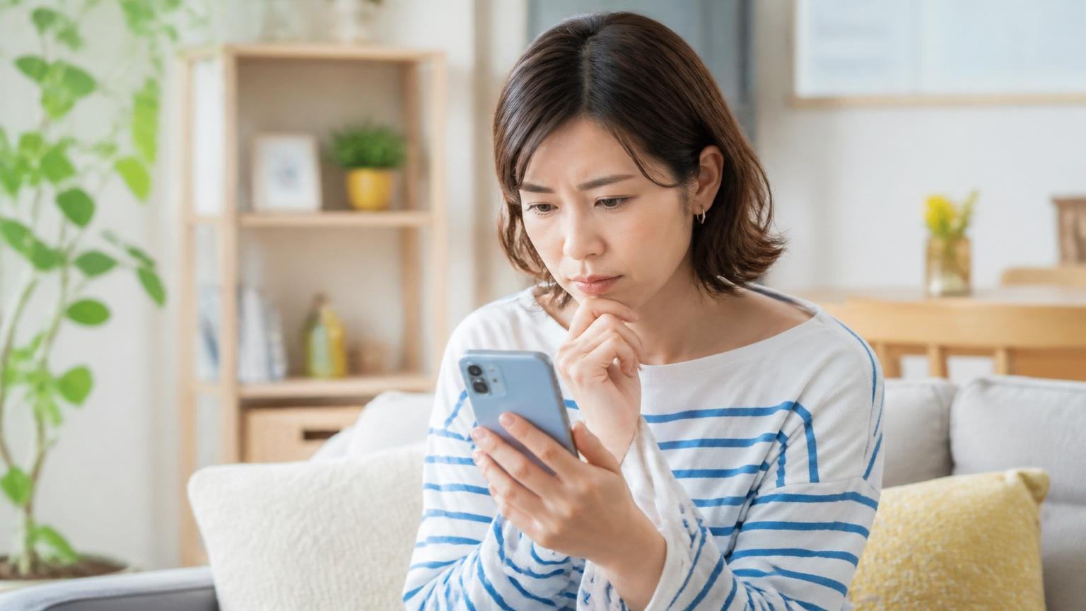 社名の照合をする。リビングでスマホの住所と電話番号を確認する女性1人