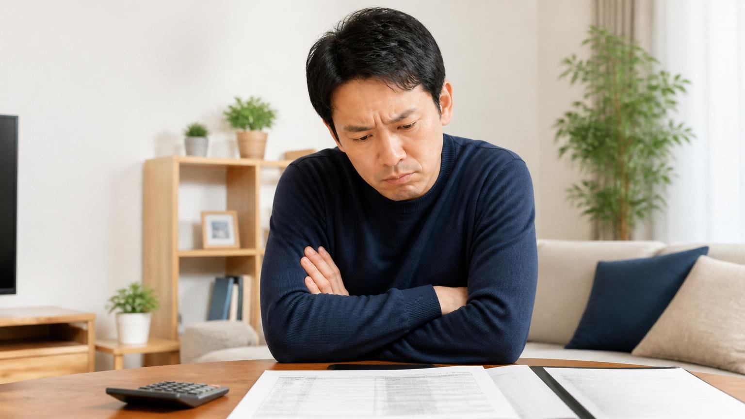 提案内容が希望と合わなかったという声 リビングで見積書を前に腕を組んで考え込む40代男性