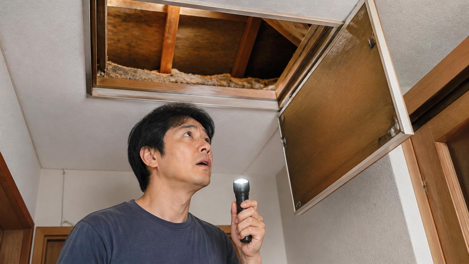 許可が必要な害獣はどうなるか 木造戸建ての天井裏点検口で住人1人が懐中電灯を持ち不安げに見上げる