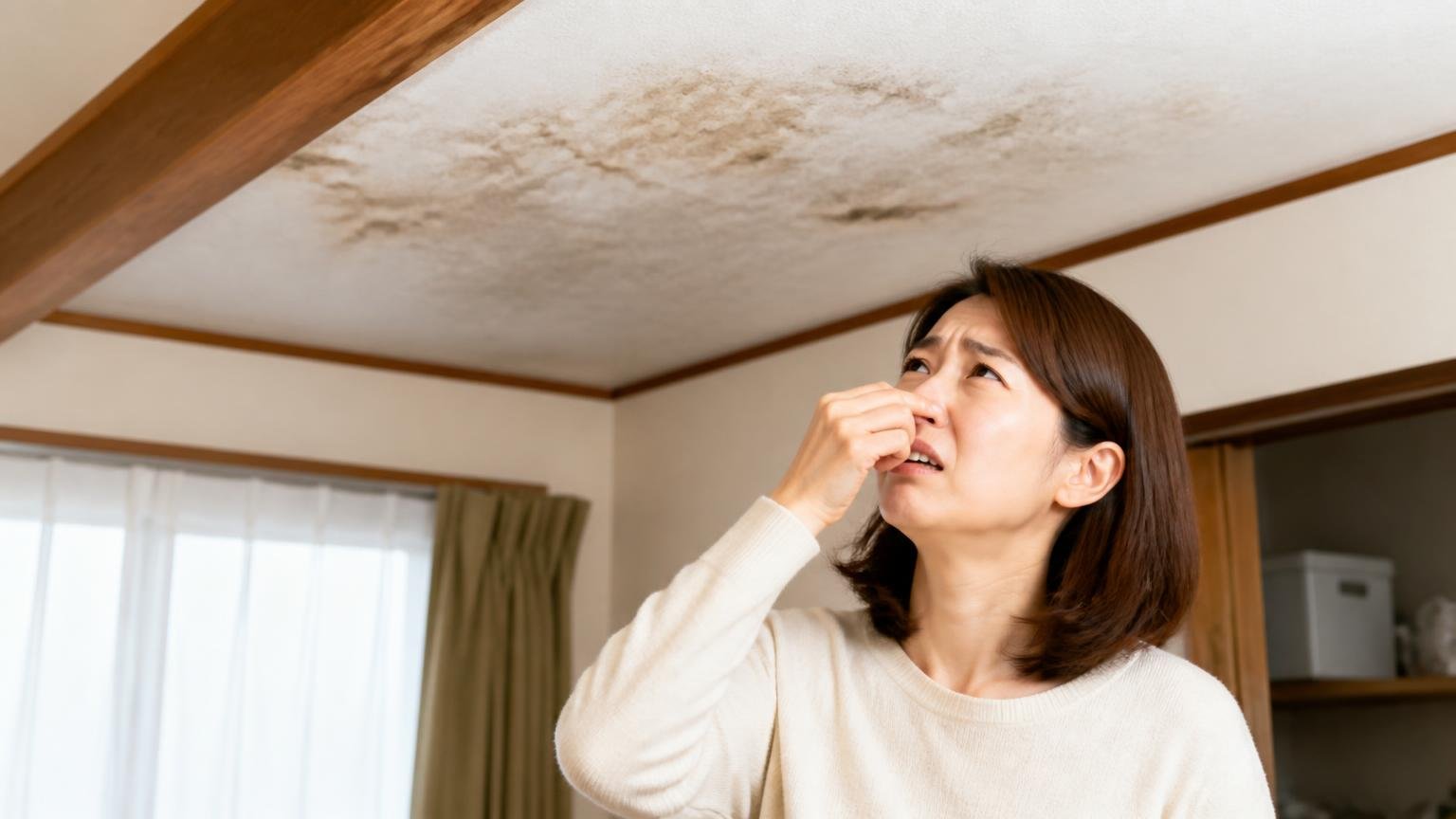 屋根裏の臭いで気づくハクビシン被害。天井のシミを見上げて鼻をおさえる30代女性、困惑した表情