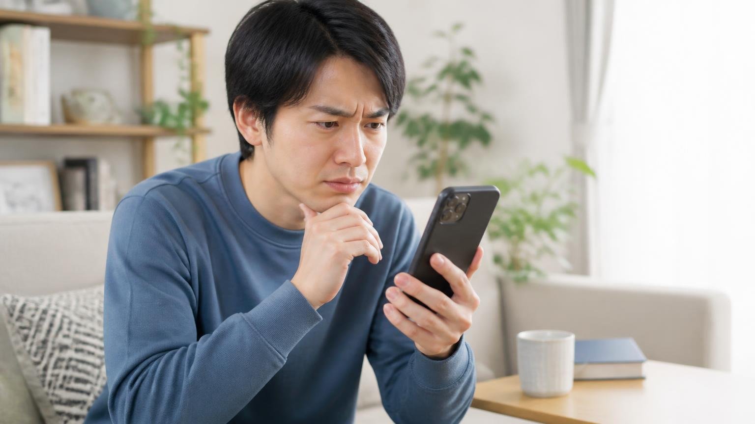 口コミの投稿時期を確認する重要性、リビングでスマホの投稿日を確認する住人1人が眉をひそめる