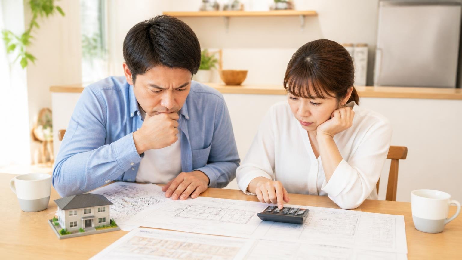 坪単価が安い=総額が安いではない。リビングの食卓で夫婦2人が見積書を広げ電卓をたたく