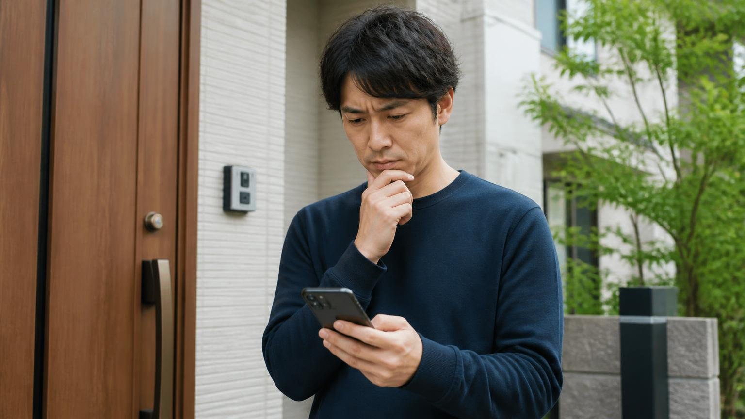 悪評がないことは安心を意味しない 玄関前で30代男性が1人スマホを持ち考え込む表情