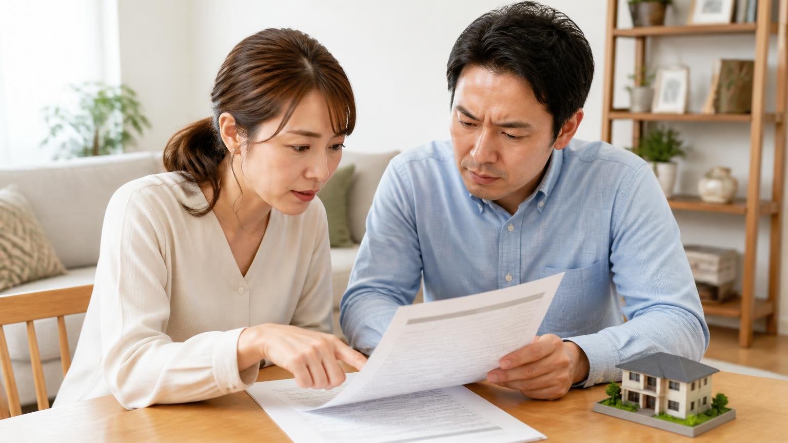 保証は最短3ヶ月から最長1年シロアリ予防は5年/リビングで契約書類を読む/30代女性と40代男性の2人/保証欄を指さして確認する