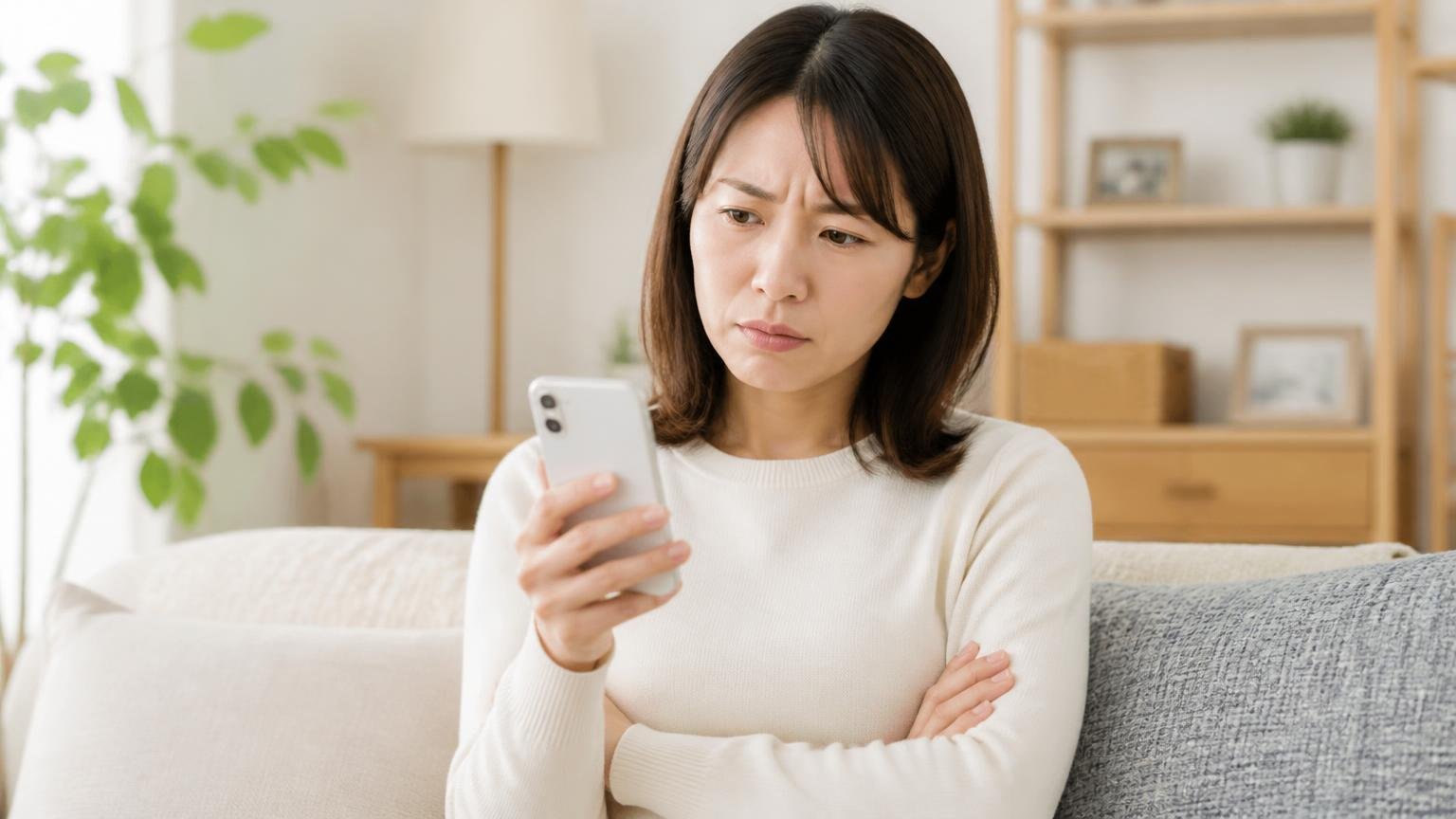 口コミ件数の少なさに気づく場面 リビングでスマホを持ち考え込む女性1人 腕を組んだ表情