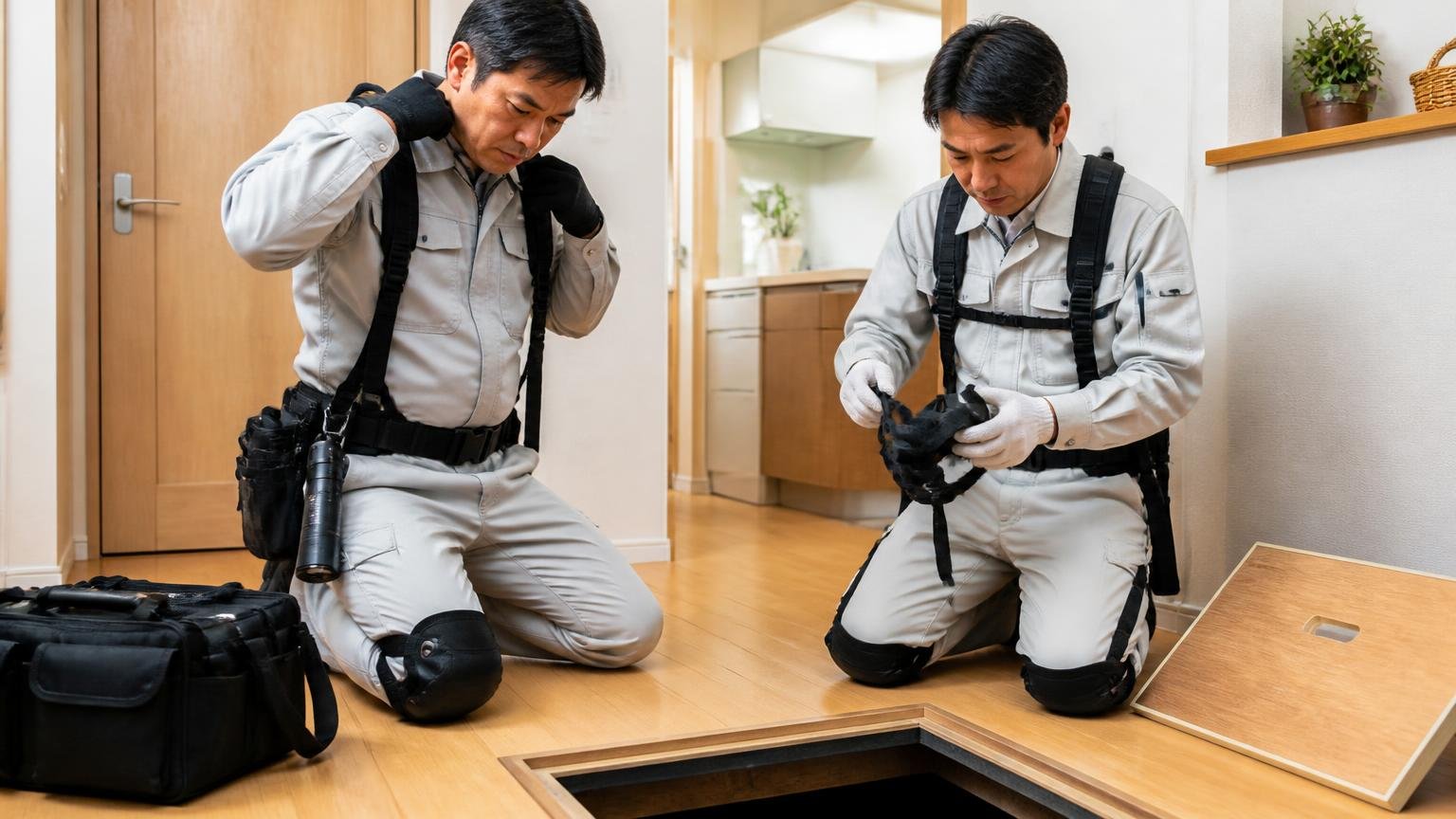 有資格者が現場に立つ体制。住宅の床下点検口の前で装備を整える作業員2人が真剣な表情