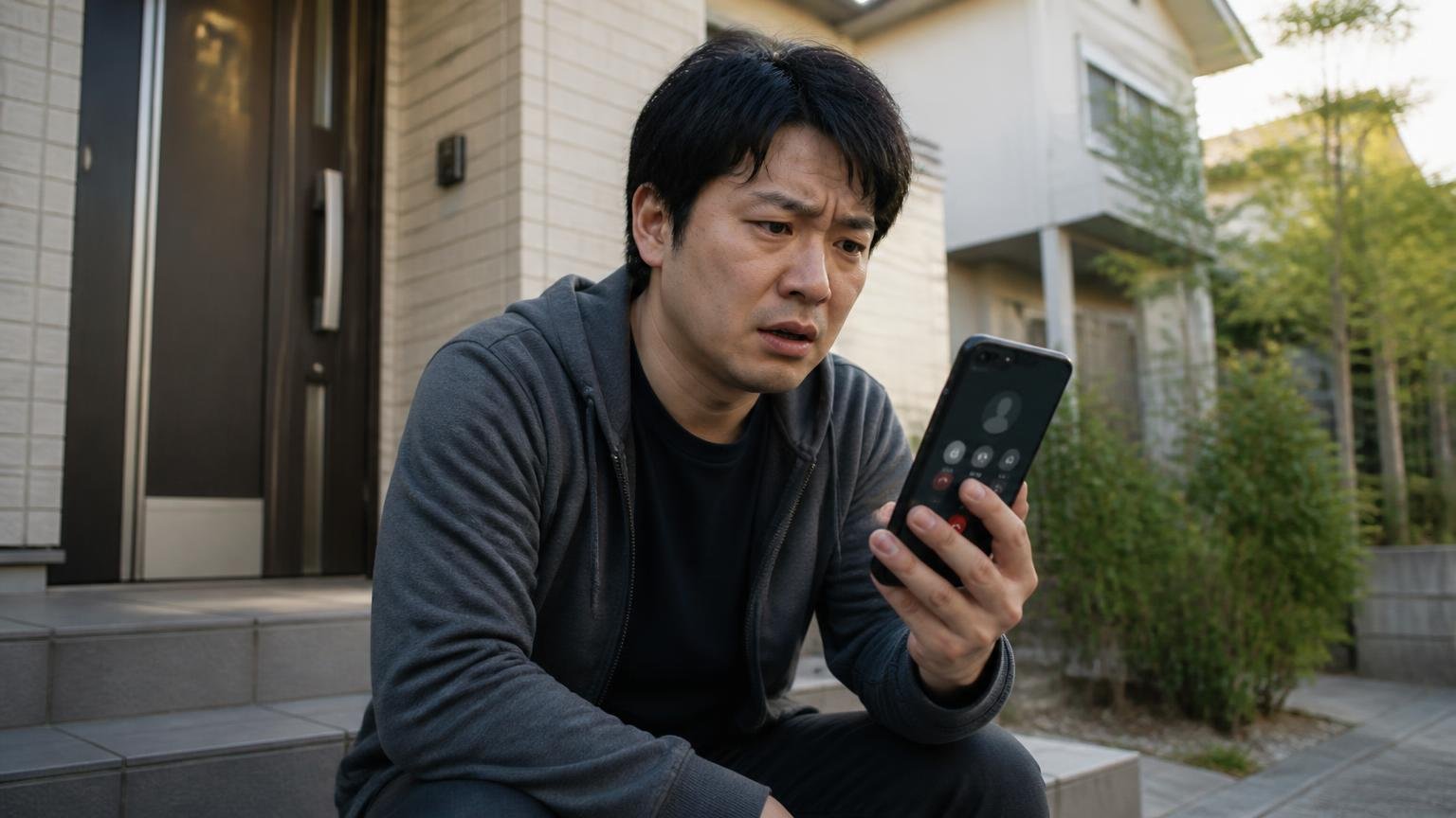 24時間対応でも折り返しが来ないという声。早朝の戸建て玄関前で男性1人がスマホを握りしめ通話画面を見つめる