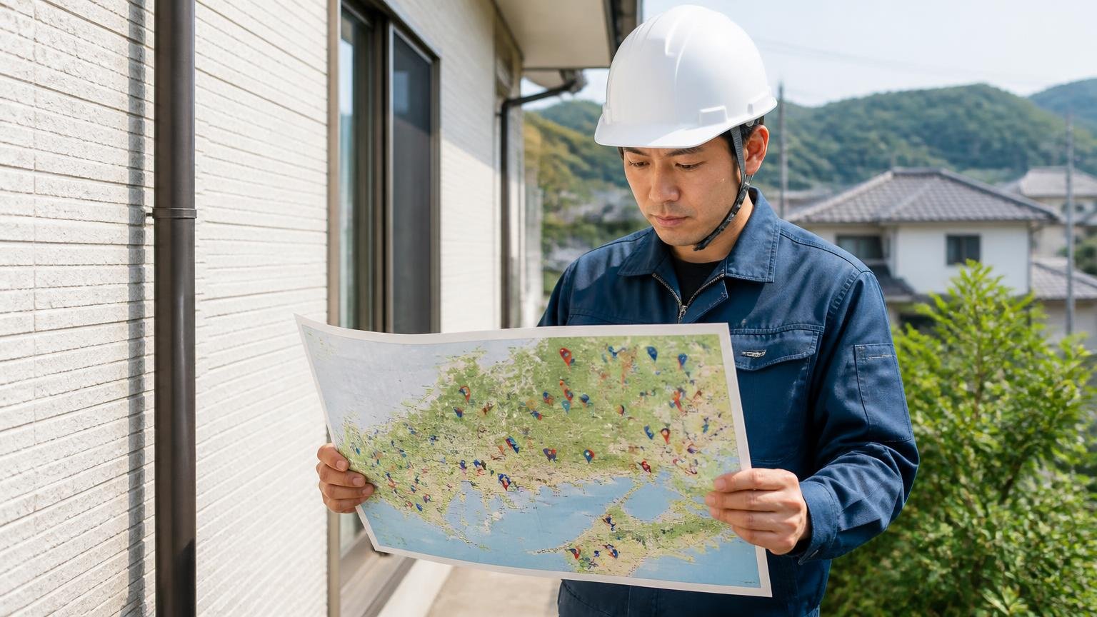 広島県全域と岡山県一部をカバーする拠点網。住宅の外壁まわりで点検する作業員1人が地図を確認