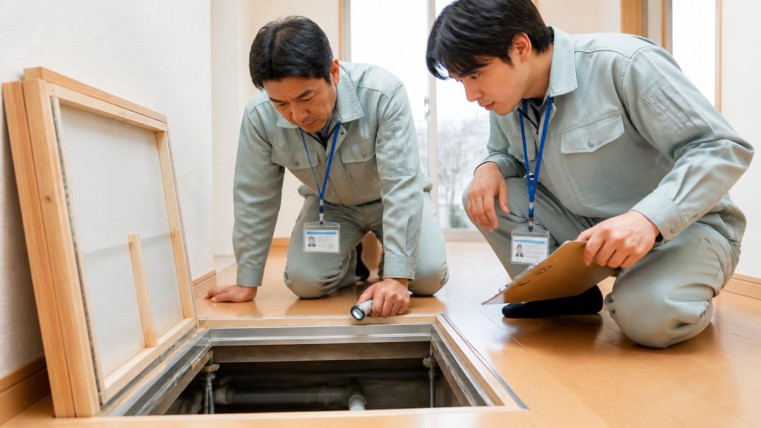 有資格者の数を見る|住宅の床下点検口で資格者証を首にかけた作業員2人が真剣に調査する