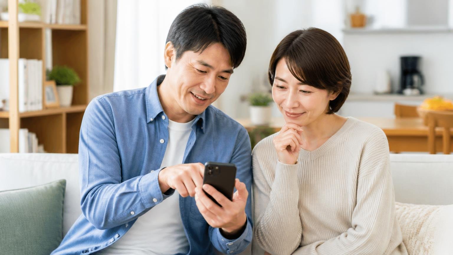 環境省の認定鳥獣捕獲等事業者一覧に掲載。リビングでスマホを見る夫婦2人が公的資料を確認してうなずく