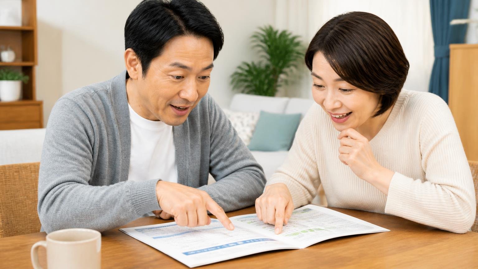 業界団体への加盟確認。リビングのテーブルで住人2人がパンフレットの加盟団体欄を指でなぞり納得する