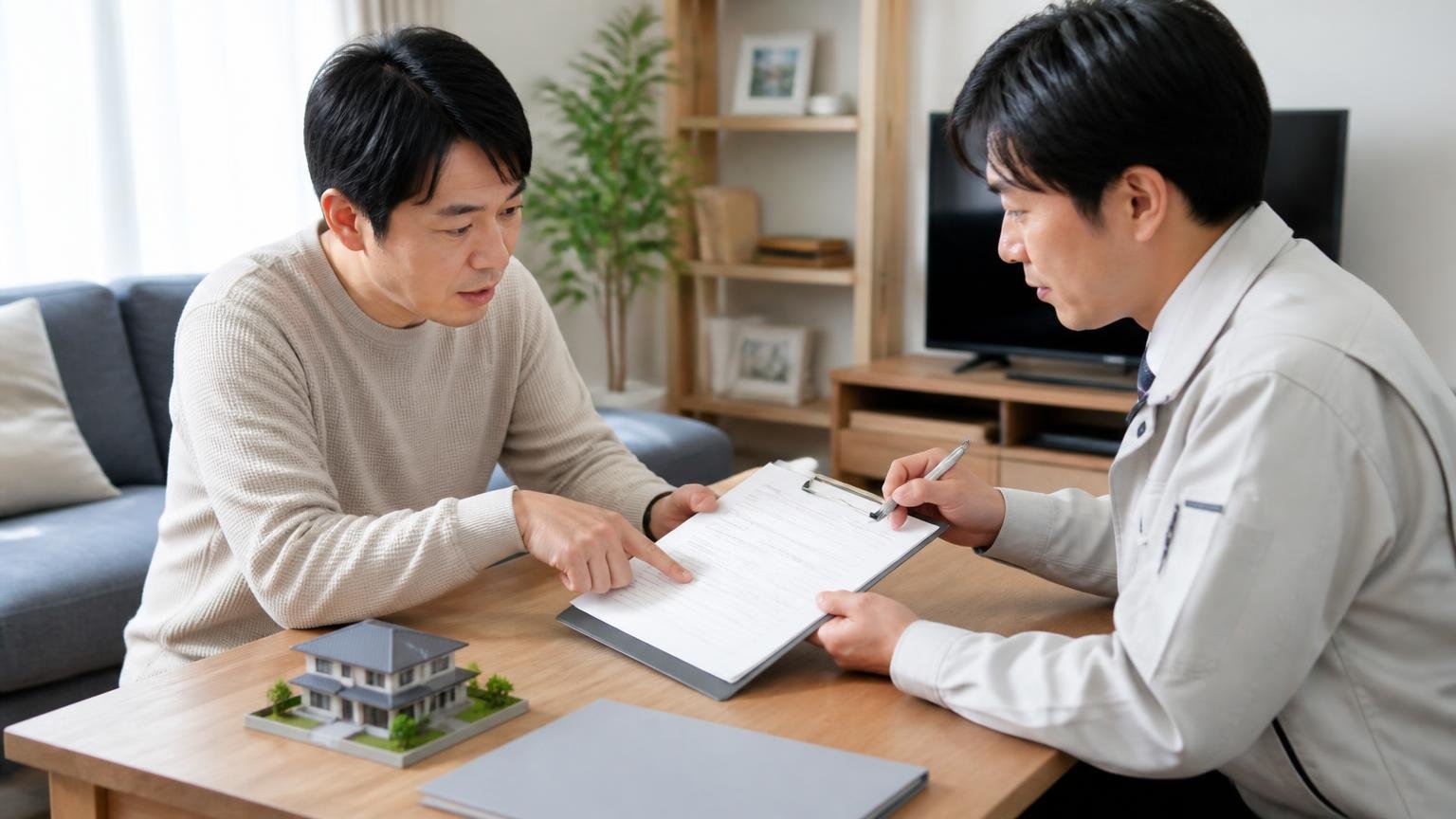 保証5年の中身を確認する。リビングで契約書を指さす住人1人と作業員1人が向き合って話し合う