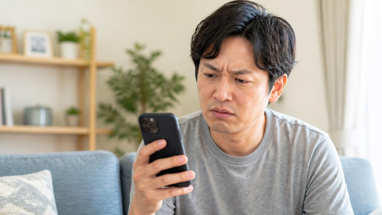 Googleマップには星1が2件ただし理由は書かれていない リビングでスマホの口コミ画面を見つめる 住人1人 眉をひそめた表情