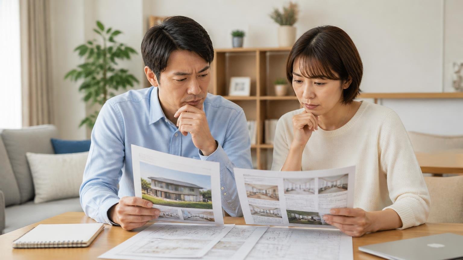 事業内容と許認可を確認する。住宅のリビングのテーブルで夫婦2人が会社案内の資料を見比べ、真剣な表情で話し合う