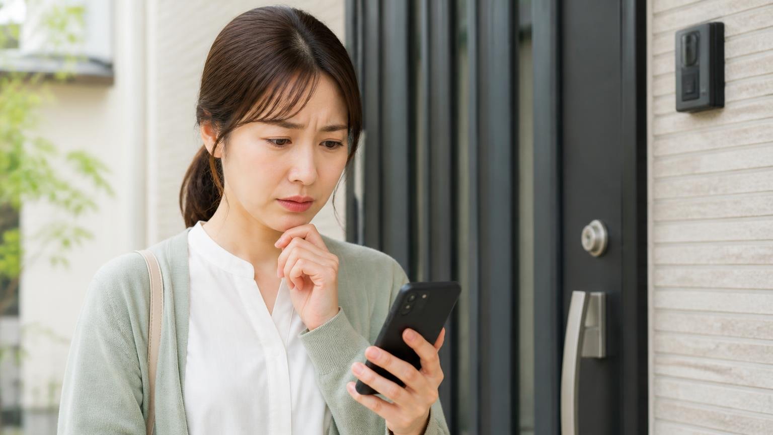 スマートフォンの着信画面を見て迷う。玄関先で電話を手に取るか迷う30代女性が困った表情