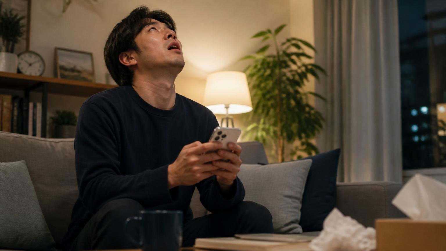 検索しても答えが出ない場面。夜の自宅リビングでスマホを両手に持ち天井を見上げてため息をつく30代男性1人