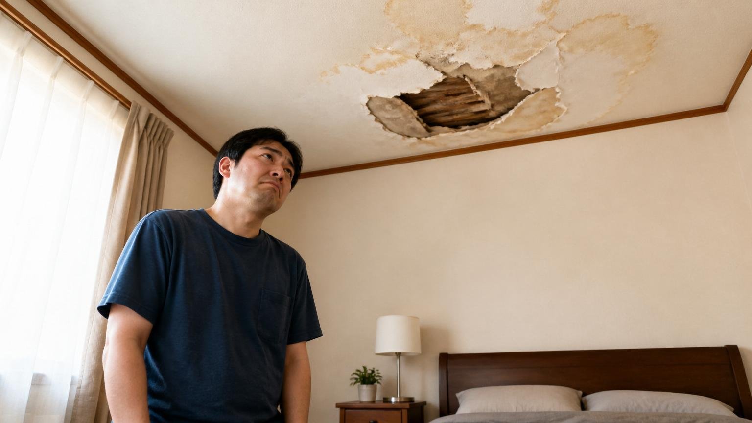 2ヶ月で再発したのに保証はなし 10年保証の落とし穴 木造戸建ての寝室 住人1人が天井を見上げて肩を落とす