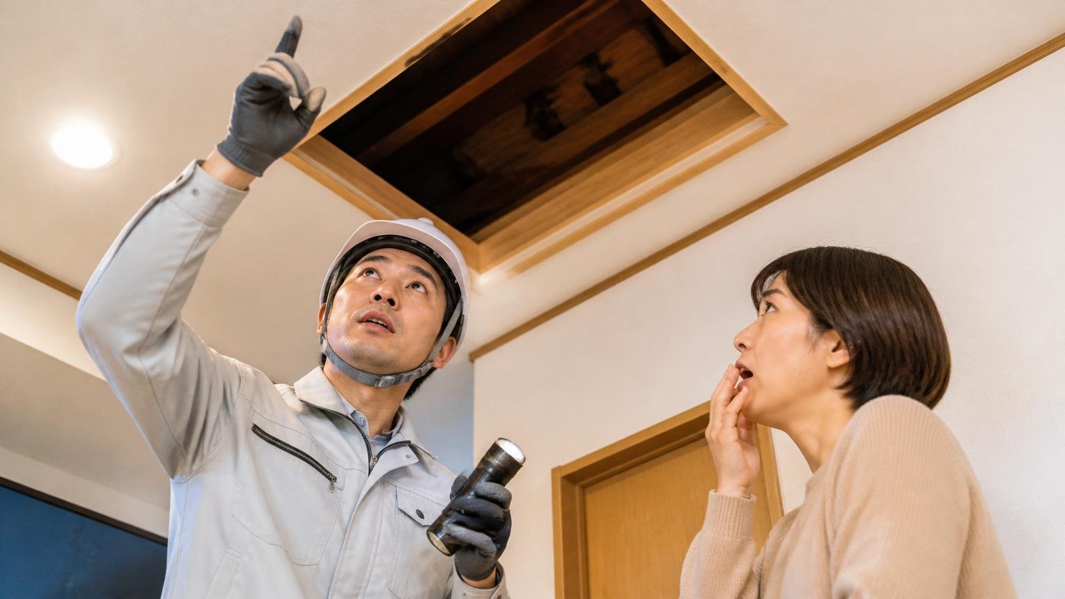 家の状況で金額が変わると知る場面。木造戸建ての屋根裏の点検口を見上げる作業員1人が説明する様子