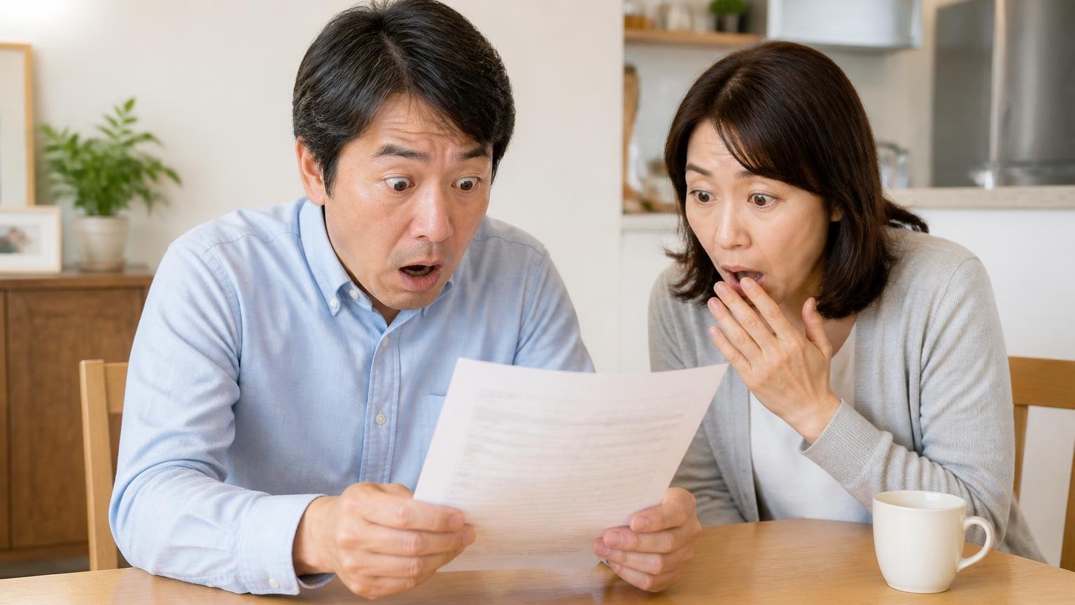 見積金額に言葉を失う場面。自宅のダイニングテーブルで見積書を手にしたまま固まる50代男性と隣で息をのむ女性