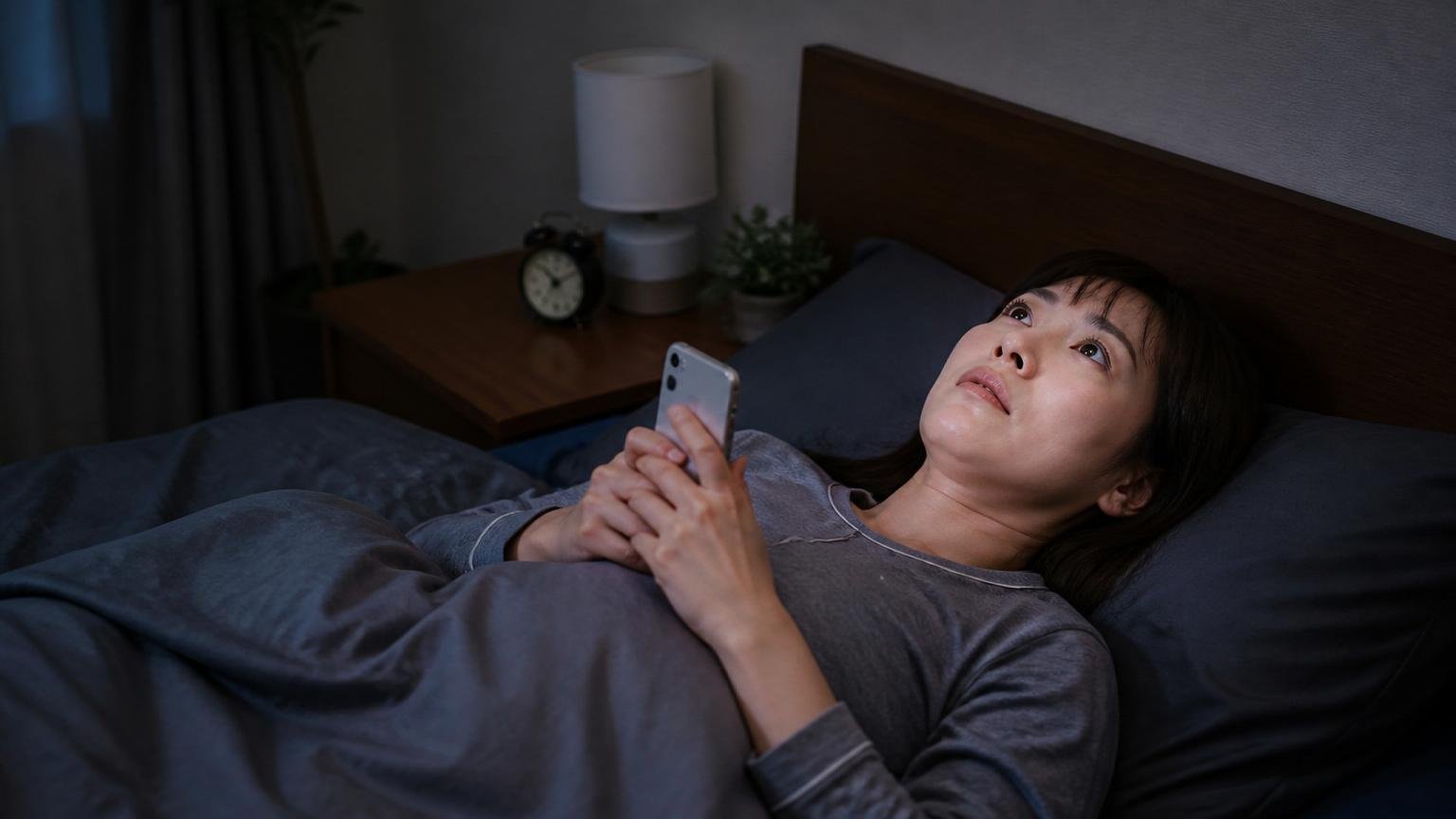 深夜や日曜は受付時間外|暗い寝室で30代女性が天井を見上げスマホを握りしめる