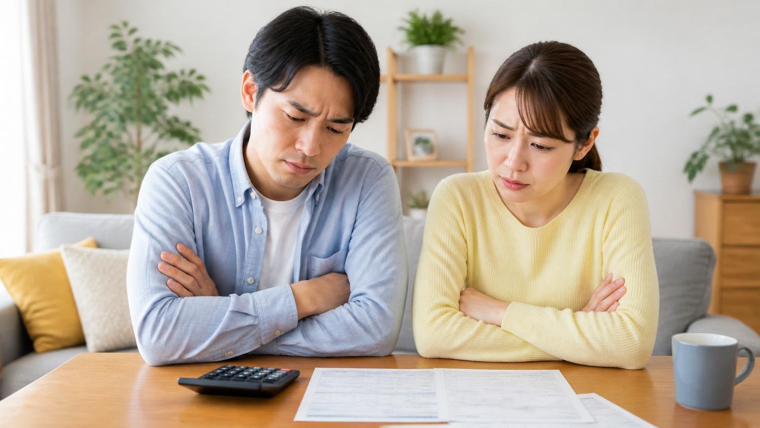 悪い評判が生まれる本当の原因は「比べる相手がいない」 リビングで電卓と見積書を前に腕を組む夫婦2人 困った表情