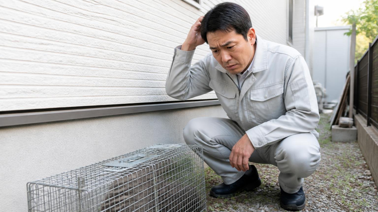 自分で駆除していいのか法律の線引き。家の外壁まわりで点検する男性1人が捕獲カゴを前に困惑した表情