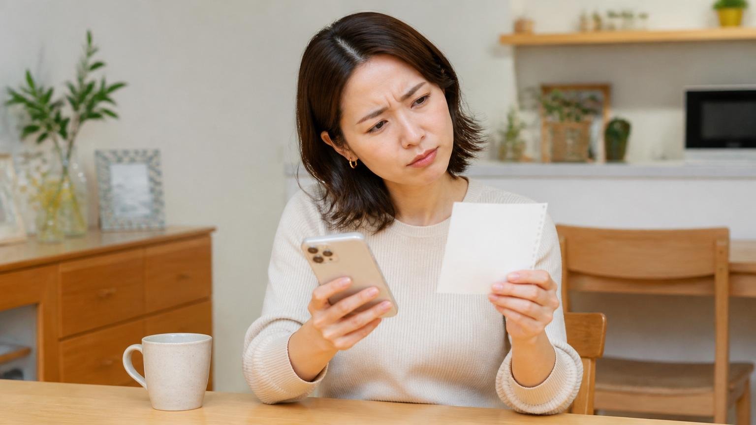 掲載情報の食い違いに気づく場面。ダイニングでスマホと紙のメモを見比べる30代女性1人が首をかしげる