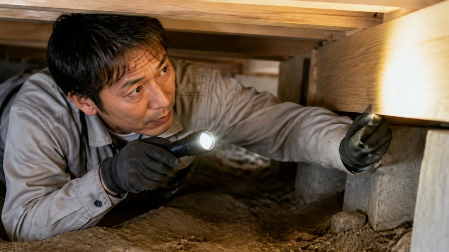 施工の中身を事前に公開しているか|戸建ての狭い床下空間|作業服の作業員1人|懐中電灯で土台の木材を照らし確認する